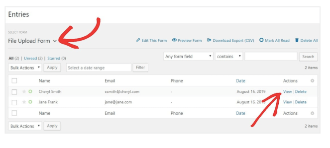39.-view-entries - Blog Tyrant WPForms entry page, you can view a list of uploaded images
