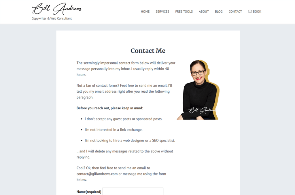 contact-us-page-example-gill-andrews - Blog Tyrant Contact Us page from Gill Andrews