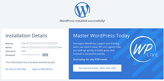 Success Message - install WordPress on bluehost - Blog Tyrant Success Mesage - install WordPress on bluehost