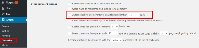turn-comments-on-old-posts - Blog Tyrant wordpress dashboard uncheck automatically close comments on articles older than 14 days